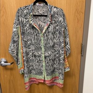 Johnny Was Silk Black and White Zebra Print Shirt with Colorful accents
